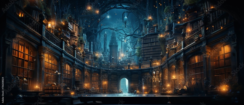 A magical library with shelves of ancient, valuable coins, where a burglar, invisible but for the floating money in their hands, sneaks past slumbering, bookish dragons  Color Grading Teal and Orange - obrazy, fototapety, plakaty 