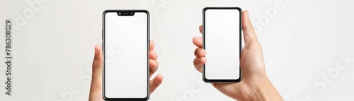 A hand holding a black smartphone with a frameless screen, isolated on white background,