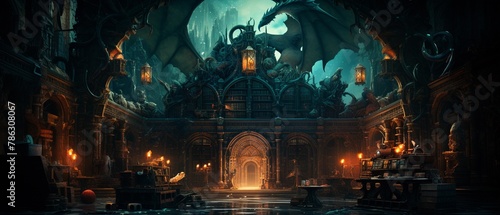 A magical library with shelves of ancient  valuable coins  where a burglar  invisible but for the floating money in their hands  sneaks past slumbering  bookish dragons  Color Grading Teal and Orange