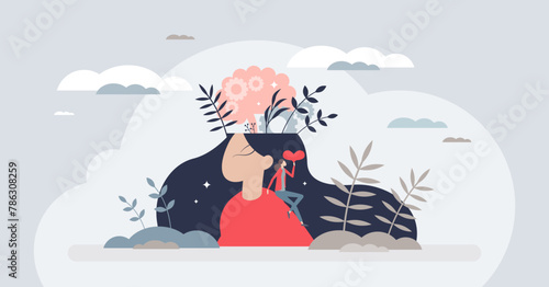 Self concept with confident and self loving tiny person female. Mental care awareness for inner harmony vector illustration. Psychological self esteem, individuality and personality characteristics. photo