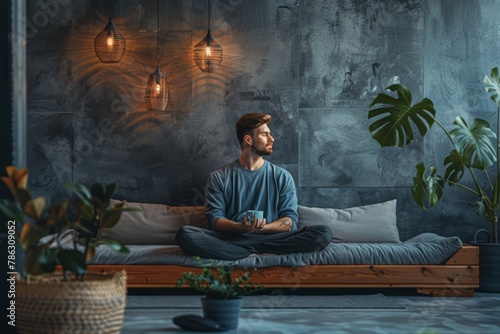 A Man Sitting on a Bed in a Room. the concept of relaxation after emotional burnout AI generated