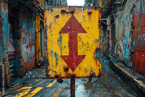 A sign with a red arrow pointing up is in a graffiti-covered alleyway