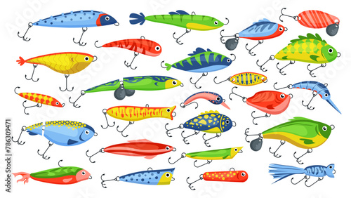 Fishing bait set. Artificial fish lure in different colors, angling accessory collection, fishermans equipment with hook needles to catch trout on fishing pole without worm cartoon vector illustration