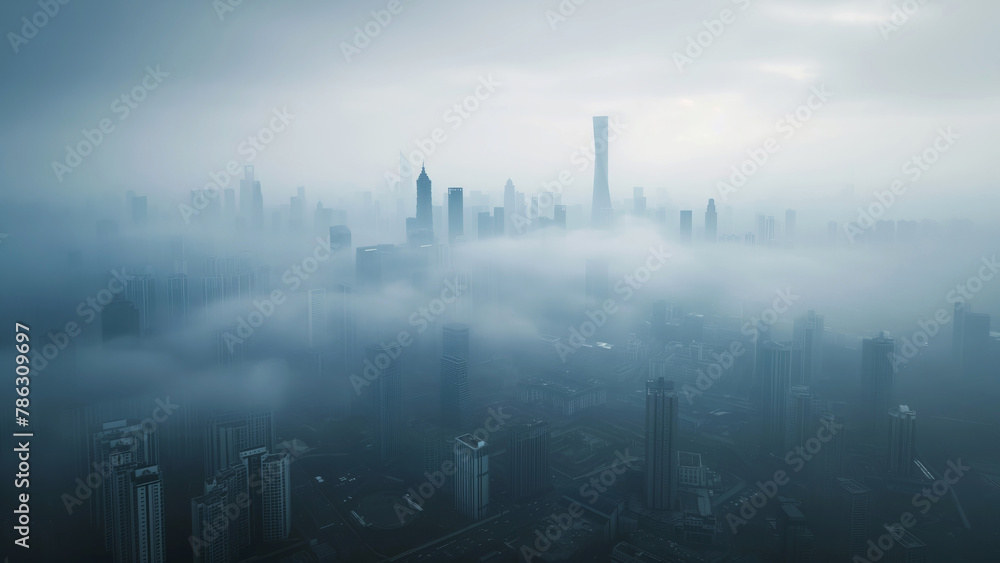 City skyline obscured by smog and fog. City skyline obscured by smog and fog.