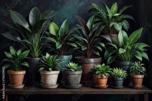 Many variety of potted plants  in dark background  nature