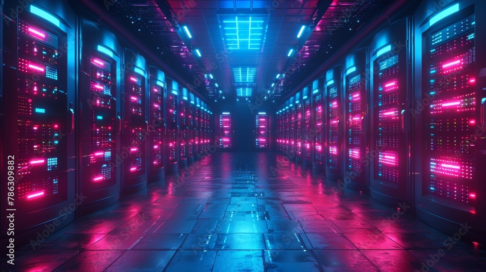 Concept of data center or cloud storage. Abstract design of server room in data center. Digital electronic equipment hanging above floor. Data spheres on the floor.