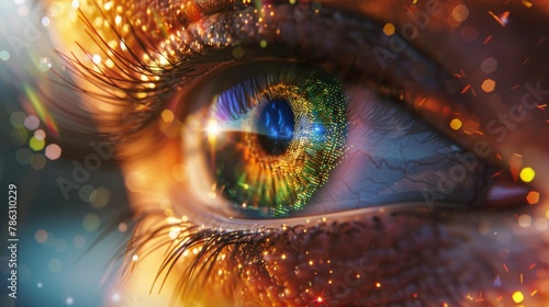 Rainbow lines after a flash scatter from a bright binary circle to form a volumetric human eye iris and pupil. 3D rendering background 4K. #786310229