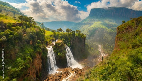 The view of the waterfalls flowing after the rainy season and the slopes of Savak mountains
