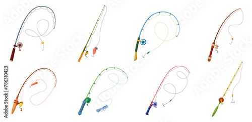 Fishing rod set. Fishing pole collection with reel and handle, hook and bait. Fishers tackle to catch fish in water of lake, sea or river, fisherman equipment for angling cartoon vector illustration photo