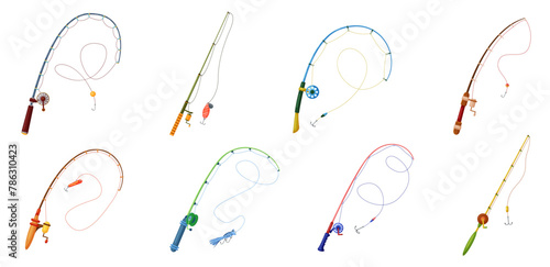 Fishing rod set. Fishing pole collection with reel and handle, hook and bait. Fishers tackle to catch fish in water of lake, sea or river, fisherman equipment for angling cartoon vector illustration