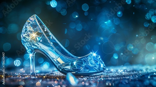 beautiful Cinderella glass crystal slipper with shiny magic with blue bokeh background