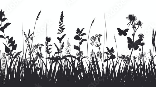 Grass silhouettes wild flowers herbs and leaves field © Tech