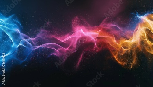 hues of blue, pink, and yellow, with an abstract glowing color wave on a dark black backdrop,