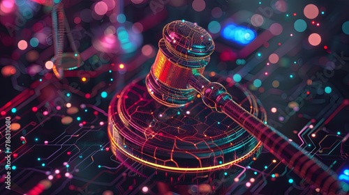 Futuristic cyber gavel on digital circuit for virtual law