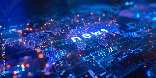 Word news in futuristic style, world map on illuminated in neon light platform with connected electronic components.