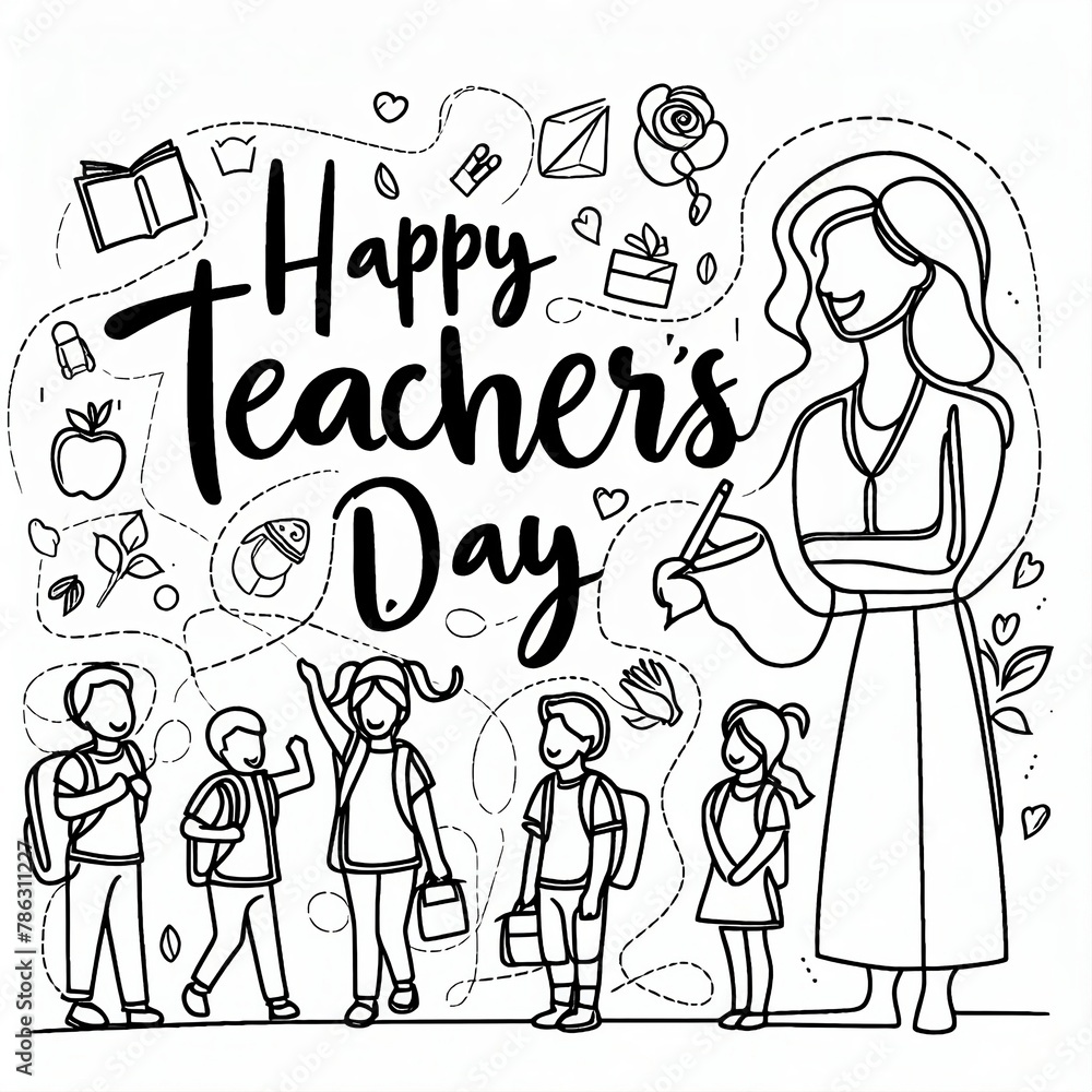 Teachers day background with children and woman illustration. Simple vector web banner. One continuous line drawing with lettering happy Teachers day created with generative ai	