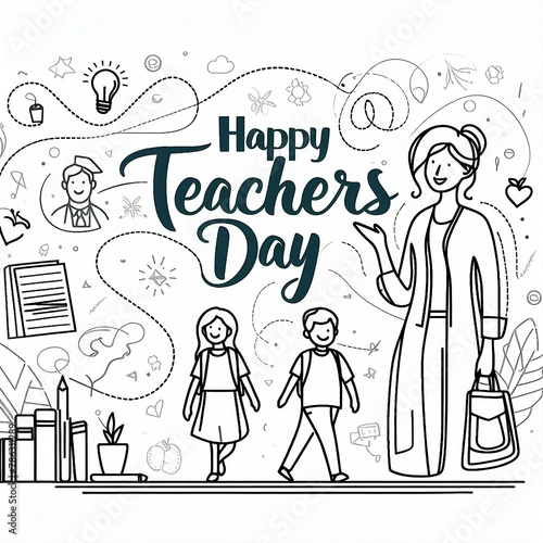 Teachers day background with children and woman illustration. Simple vector web banner. One continuous line drawing with lettering happy Teachers day created with generative ai 
