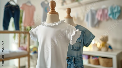 Infants, children's summer white short-sleeved t-shirt mockup © woojooo
