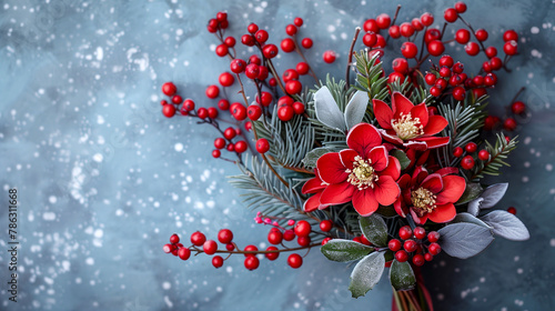 Christmas decoration with poinsettia, holly and red berries on blue background