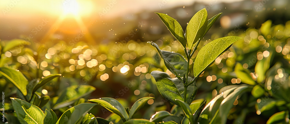 Lush Green Tea Plantation Bathed in Sunlight, Illustrating the Freshness and Tranquility of Rural Farming