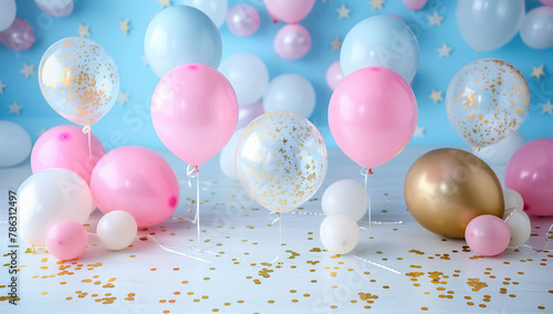 Festive Celebration Background with Pink, Blue, and Gold Balloons – Joyful Party Atmosphere Perfect for Birthday Invitations, Event Announcements, and Festive Decor
