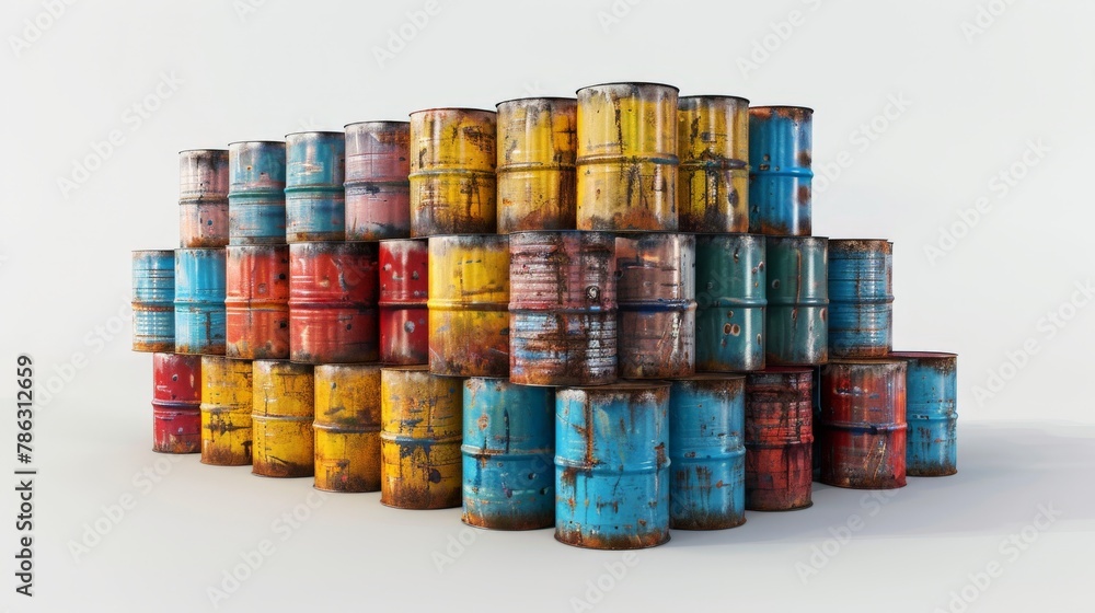 A pile of old, rusted barrels stacked on top of each other A pile of old, rusted barrels stacked on top of each other
