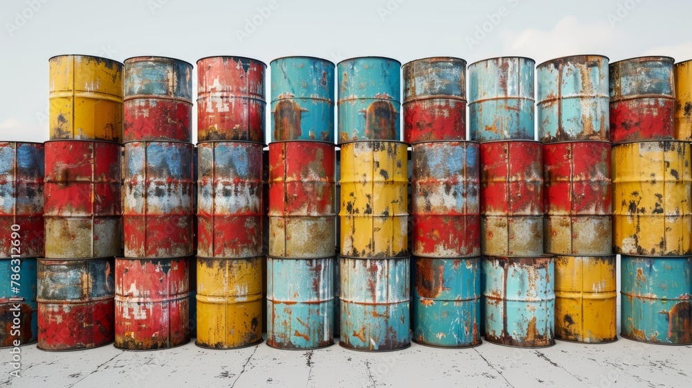 Fototapeta premium A stack of old, rusted barrels in various colors
