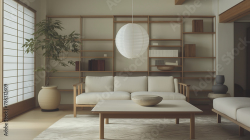 Minimalist Japanese living room with functional furniture  monochrome palette  soft morning light  and wood textures in a city apartment.
