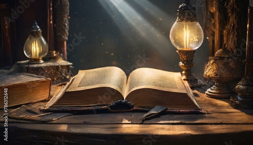 old book and lamp, an old book bathed in soft magical lights on a vintage table