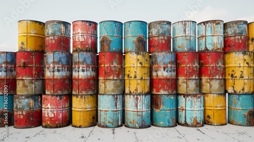 A stack of old, rusted barrels in various colors