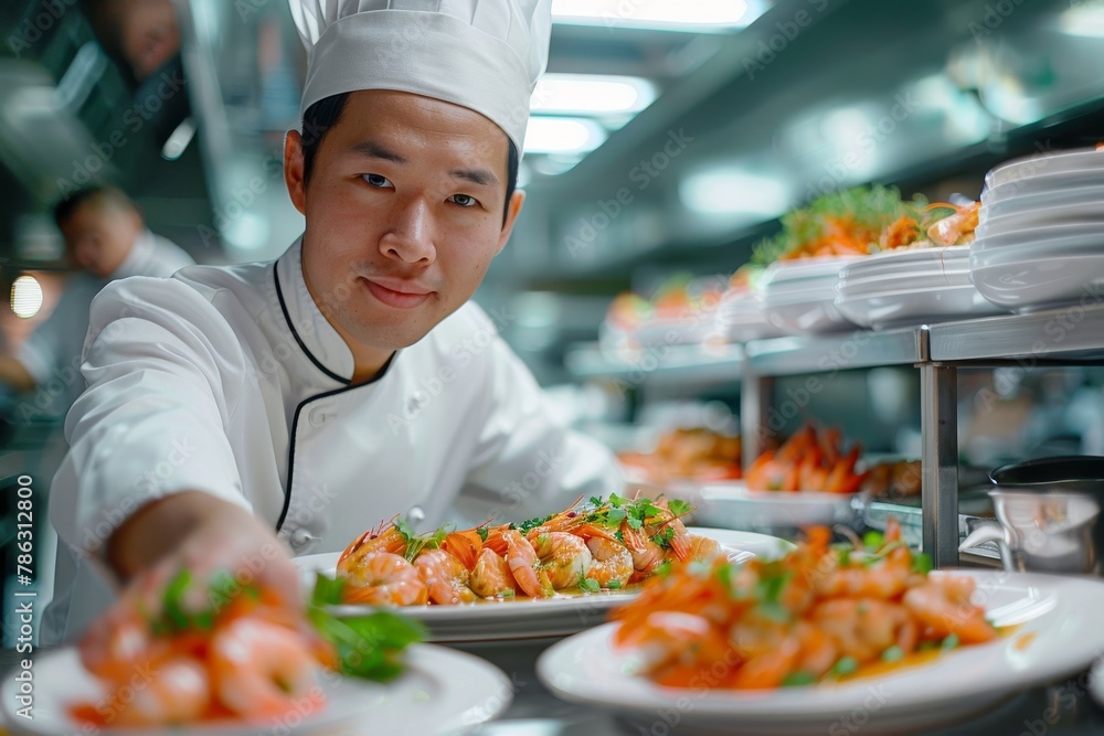 Chef presenting plates of food in a professional kitchen Chef presenting plates of food in a professional kitchen