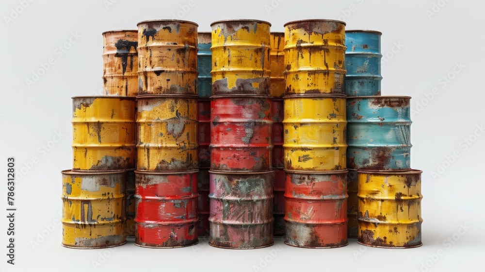 A stack of old, rusted barrels in various colors A stack of old, rusted barrels in various colors