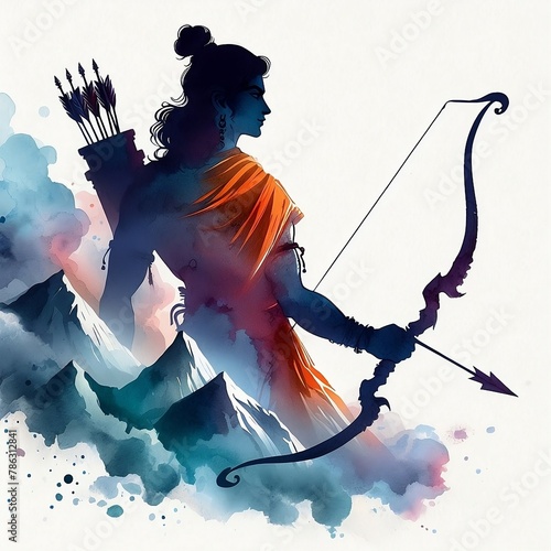 Watercolor illustration of lord rama silhouette with a bow and arrow for ram navami social media poster or ads template created with generative ai 