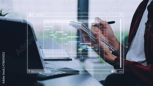 Project manager working with Gantt chart schedule to plan tasks and deliverables. Scheduling activities with a planning software, Corporate strategy for finance, operations, sales, marketing. photo