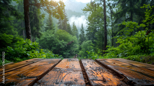 Wooden boardwalk in the summer forest with foggy background.