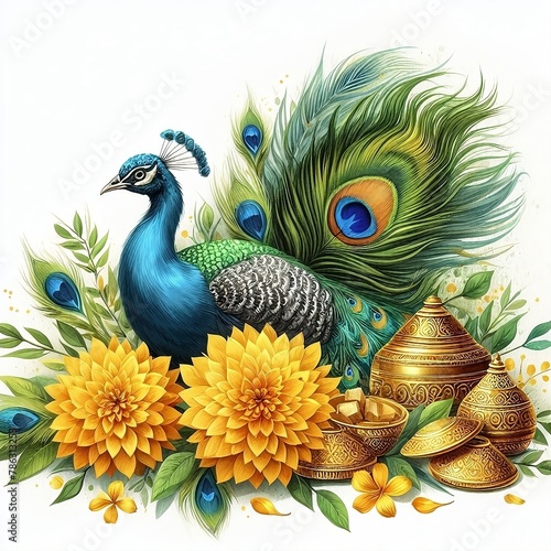 Watercolor style illustration for vishu with peacock feather and yellow flowers for social media poster ads created with generative ai