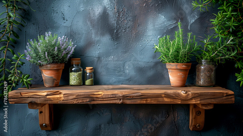 Rustic shelf with herbs and spices on a dark blue wall background