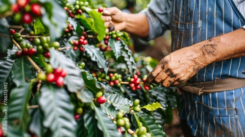 Harvesting arabica and robusta coffee berries by farmer s hand in agricultural field
