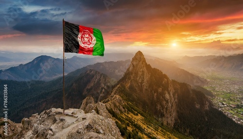 The Flag of Afghanistan On The Mountain. 
