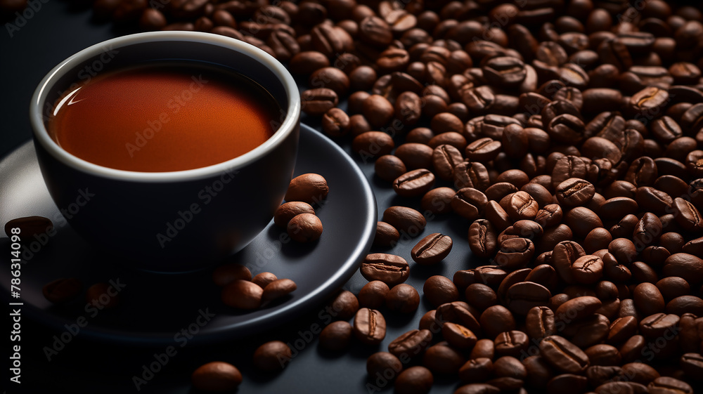 hot coffee with perfect crema and coffee beans on dark background hot coffee with perfect crema and coffee beans on dark background