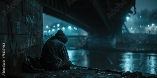 Homeless man prepare to spend the night under a bridge