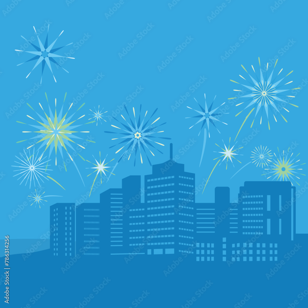 Illustration of night city and fireworks. Template for a holiday greeting card, banner and poster