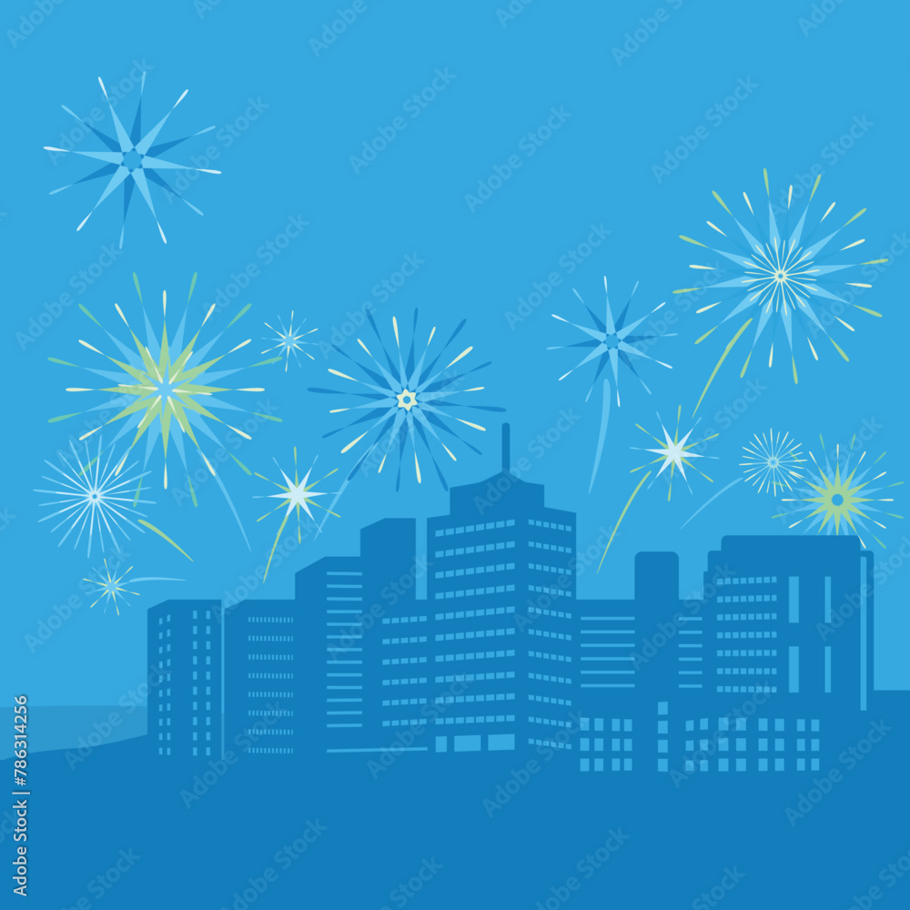 Illustration of night city and fireworks. Template for a holiday greeting card, banner and poster Illustration of night city and fireworks. Template for a holiday greeting card, banner and poster