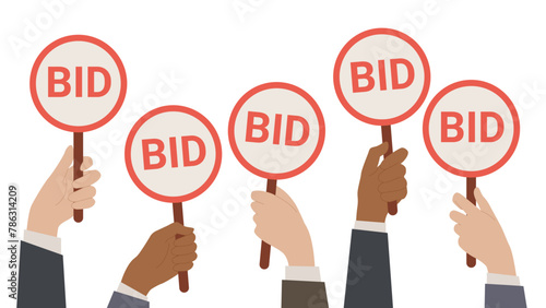Auction bidding process. Hands hold paddles with Bid text, bidders rise round signs in competition to offer commercial price for purchase, arms of competitors vote cartoon vector illustration