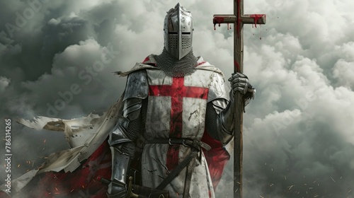 Portrait of Medieval crusader Warrior with armour and red cross. Cloud smoke on Background