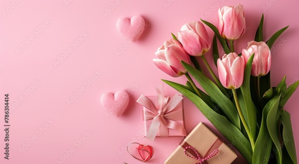 Fototapeta premium Mother's Day decorations concept. Top view photo of trendy gift boxes with ribbon bows and tulips on isolated pastel pink background