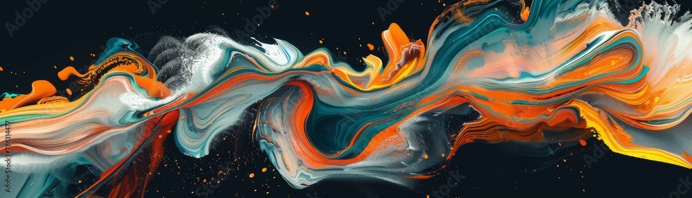 illustration featuring flowing wavy lines in orange and green with a splattered paint texture
