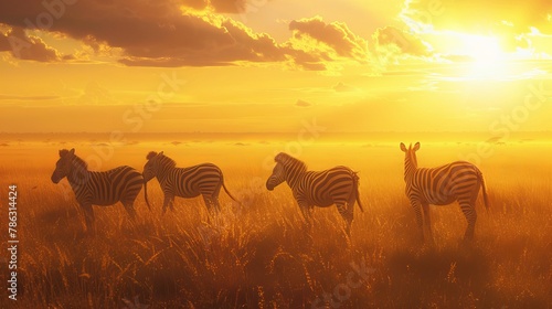 Zebras roam freely under the golden glow of the setting sun in the vast Serengeti.