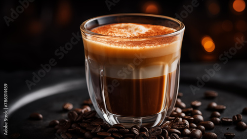  hot cappuccino with coffee beans on dark background