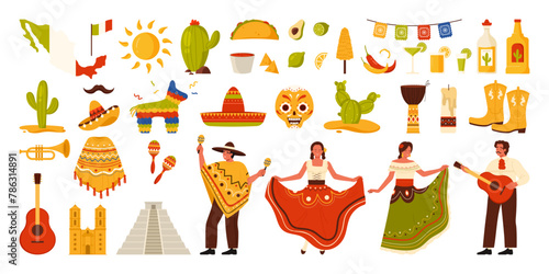 Travel to Mexico set. Mexican food and carnival party stickers collection, symbols of holidays, Latino guitar and sombrero, poncho with bright ornament and maracas cartoon vector illustration